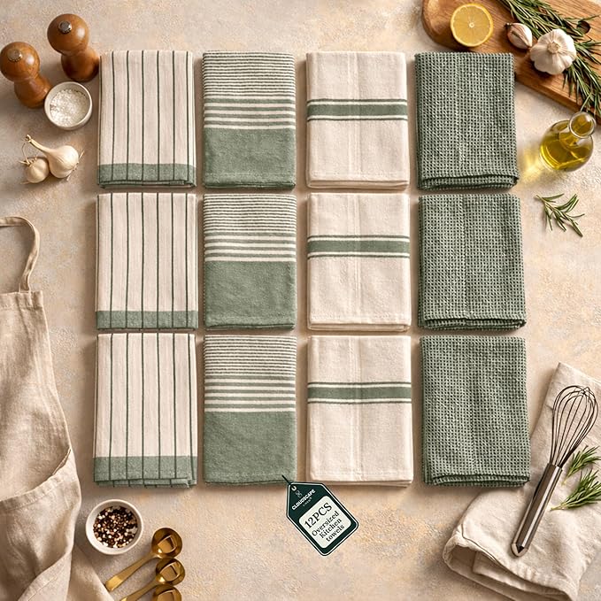 CLOUDSCAPE Kitchen Towels 12 Set 18”x28” Cotton Blended Hand Towels with Hanging Loop - Quick-Drying Dish Towels for Kitchen Set, Highly Absorbent, Dish Cloths Set for Washing Dishes - Sage Green