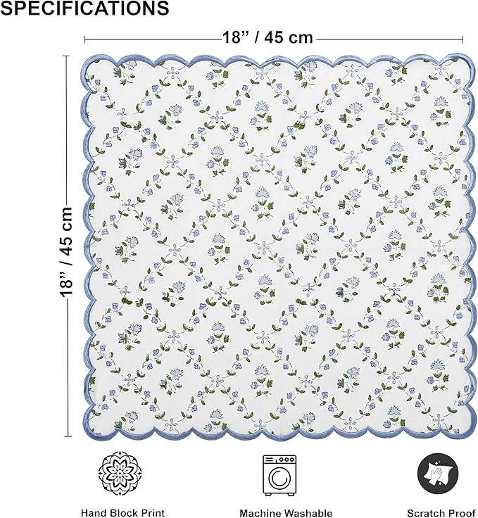 Ridhi Hand Block Print Powder Blue 18" x 18" (Set of 4) Embroidery Table Napkins Reusable Cotton Dinner Napkins for Weddings, Parties, Everyday Dining Gift for Spring, Easter, Valentine