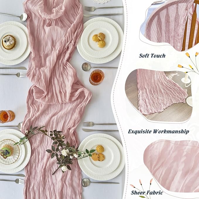 IVAPUPU 10 Pcs Cheesecloth Table Runner - 10ft Dusty Pink Spring Boho Gauze Cheese Cloth Table Runners for Baby Shower Decorations Wedding Party Summer Garden Farmhouse