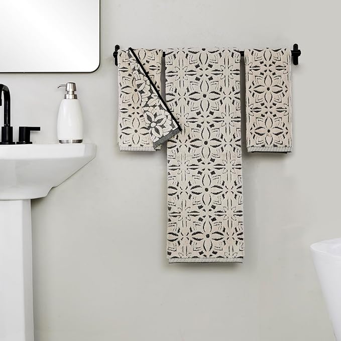SKL Home Lisbon 100% Cotton Premium 2-Piece Hand Towel Set, 600 GSM, Reversible Jacquard, Soft & Absorbent, Decorative for Bath/Kitchen/Bar & Gift, Black