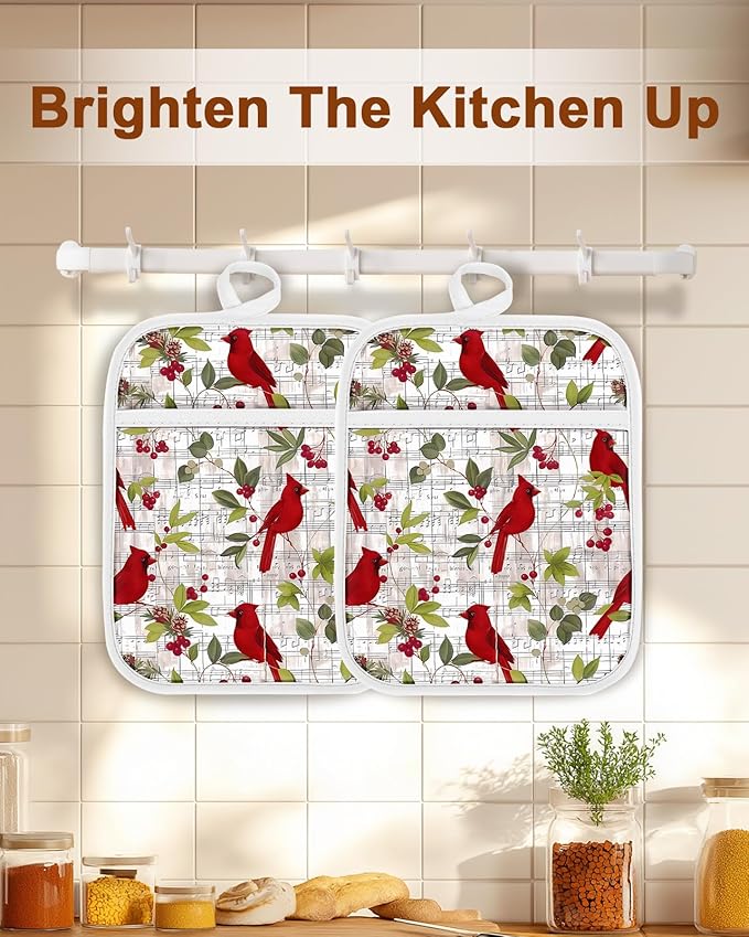 Swooflia 100% Cotton Pot Holders 2 Pack Set for Kitchen with Pockets - Cute 440°F Heat Resistant Oven Hot Pads Heavy Duty for Countertop Home Cooking Baking Microwave BBQ Bird