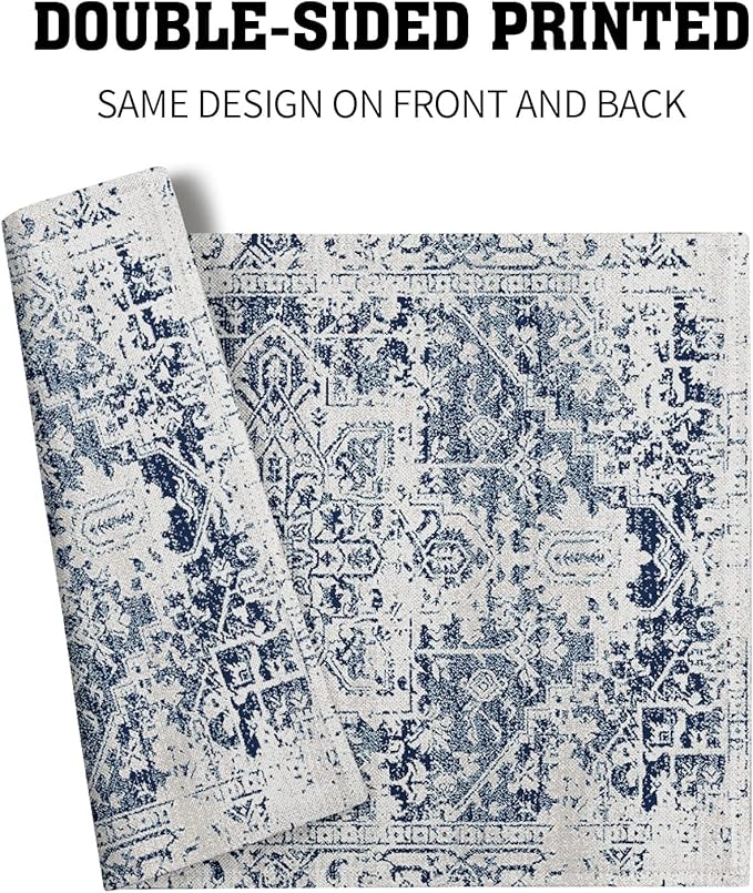 aportt Navy Blue Grey Ethnic Boho Placemats Set of 4 Bohemian Carpet Vintage Gray Linen Washable Kitchen Dining Table Mats Stain Heat-Resistant Desktop Decor Place Mats for Home Party Indoor 12x18 in