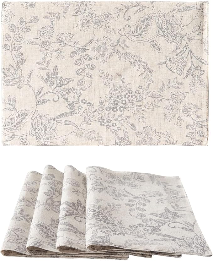 JINCHAN Linen Floral Placemats Set of 4 Cloth Table Mats Rustic Cottagecore Botanical Outdoor Seasonal for Kitchen Dining Table Decor Non-Slip Washable Tablemats 13x19 Inch Grey