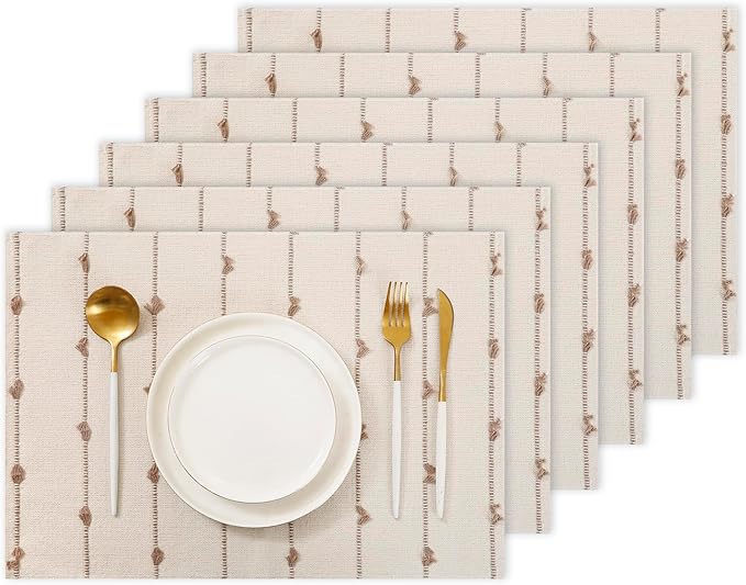 Boho Placemats 13 x 19 Inch Set of 6 for Dining Table Decor Woven Cloth Place Mats for Farmhouse Rustic Kitche Spring Home Decor Cotton Placemats Khaki and Beige Table Mats