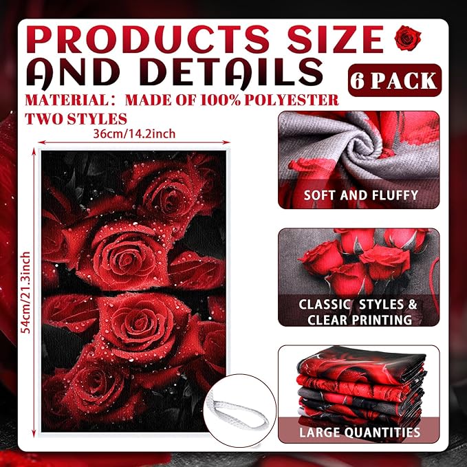 Breling Set of 6 Red Rose Kitchen Towels Vintage Themed Dish Towel Bathroom Decorative Rustic Cloths Tea Towels for Kitchen Bathroom Home Cooking Housewarming Gifts, 14 x 21 Inch