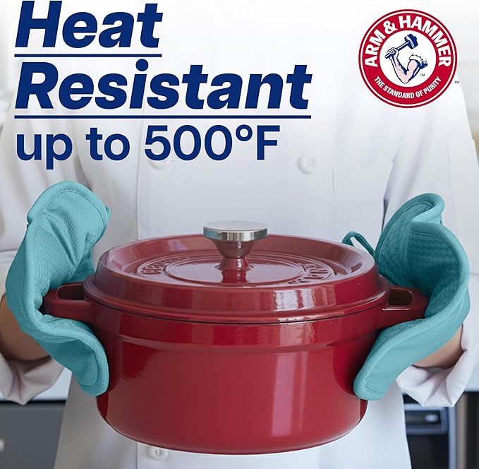 Arm & Hammer Quilted Pot Holders, Heat Resistant, Non-Slip Silicone Grip, 2 Pack, Teal
