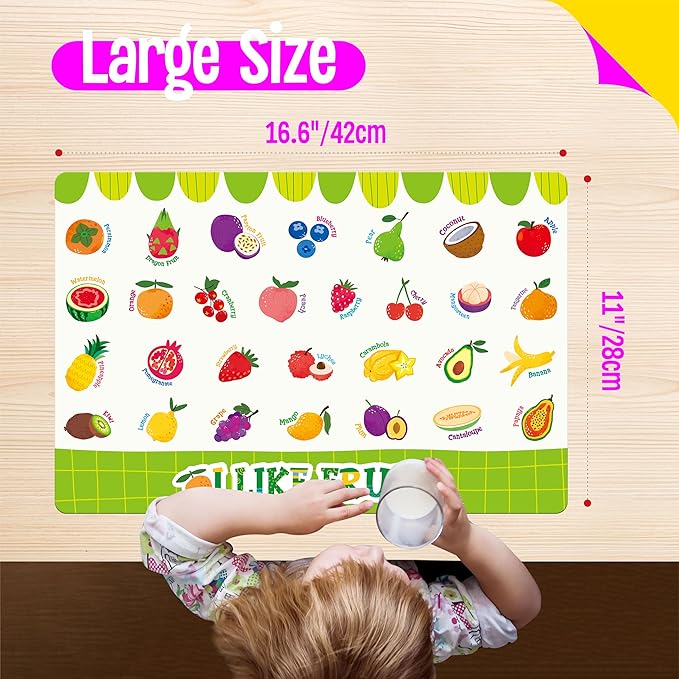 6 Pack Placemats for Kids, Non-Slip Washable Table Mats, Reusable Food Themed Dining Mats - Fruits, Vegetables, Snacks, Candies, Everyday Meal, Educational Placemats for Home, Classroom, Nursery