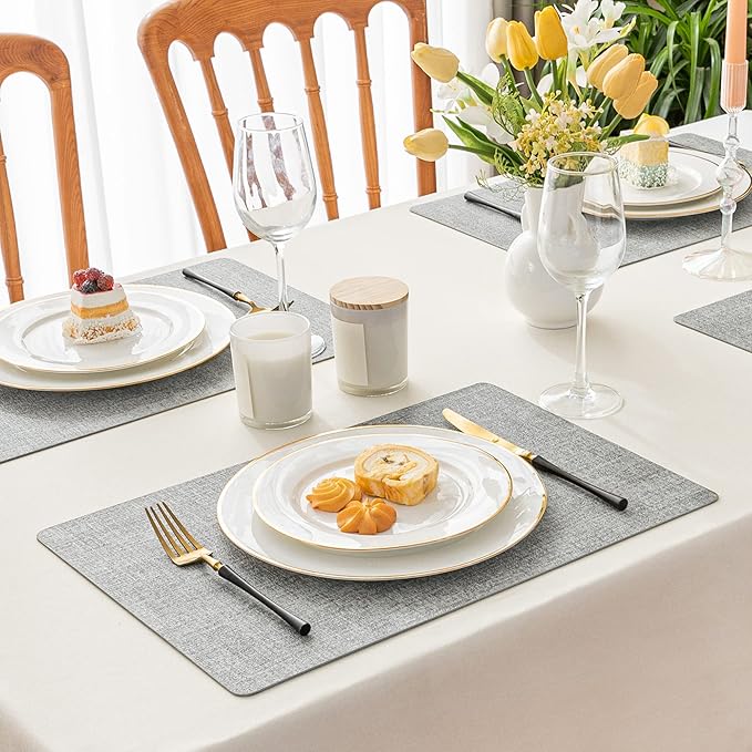 Romanstile Vinyl Placemats Set of 12-12 X 17 Inch - Faux Leather 100% Waterproof Oil-Proof Wipeable Place Mats, Heat Resistant Reversible PU Table Mats for Kitchen Dining Party Outdoor, Light Grey