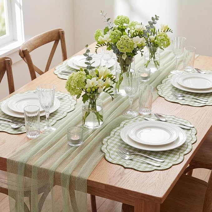 Breling Set of 6 Green Gingham Placemats Scalloped Embroidered Cotton Linen Placemats 17" x 13" Double Layered Machine Washable Table Place Mat for Wedding Birthday Baby Shower Party Table Decor
