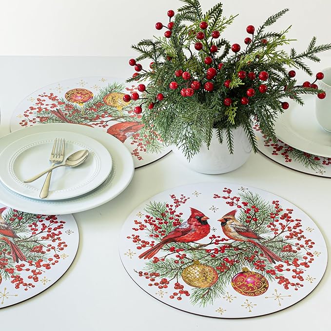 Benson Mills Cork Placemats Set of 4, Thick Cork Place Mats for Kitchen and Dining Tables, Easy Clean Table Mats for Christmas, Winter, and Holidays (13.75" Round Set of 4, Festive Cardinals)