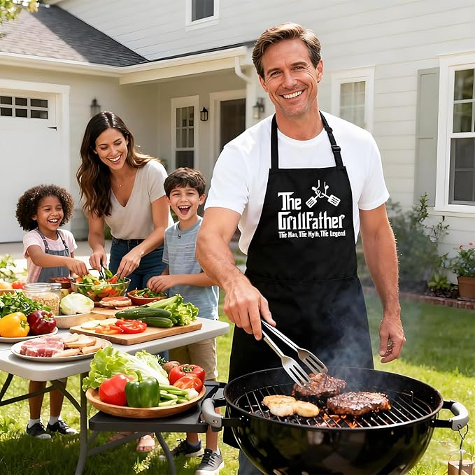 Kaidouma Funny Grill Aprons for Men - The Grillfather - Men’s Funny Chef Cooking Grilling BBQ Apron with 2 Pockets - Birthday Father's Day Christmas Gifts for Dad, Step Dad, Father in Law, Husband