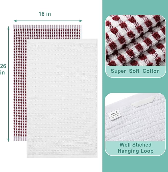 SALAS Cotton Dish Towels Cloths for Kitchen Drying Dishes, Lattice Terry Kitchen Towels, Absorbent Cloths with Hanging Loop, 16‘’ x 26‘’, 4 Packs, Wine Red and White