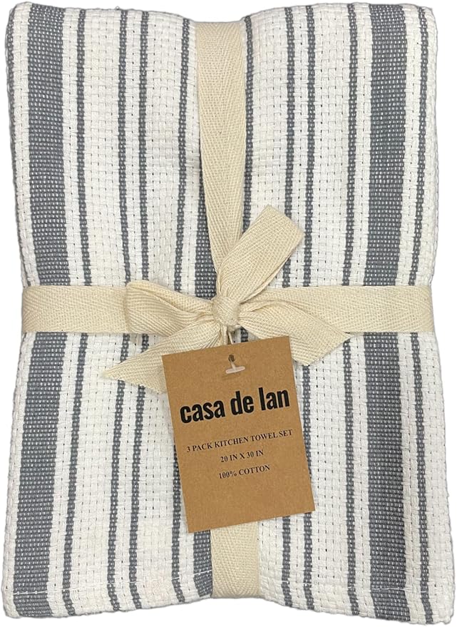 Kitchen Towels Set – Pack of 3 (20’’ x 30’’) Extra Large Premium Cotton Dish Towels for Kitchen – Basket Weave Towels – Absorbent – 100% Cotton – with Hanging Loop – Dark Grey