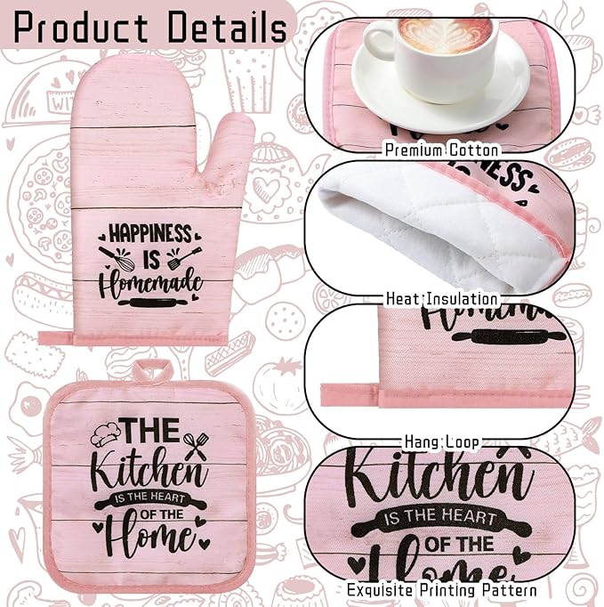 Fourluoo 8 Pcs Pink Kitchen Towels and Dishcloths Sets Oven Mitts and Pot Holders Sets Absorbent Kitchen Gloves Potholders Heat Resistant for Chef Baking Cooking