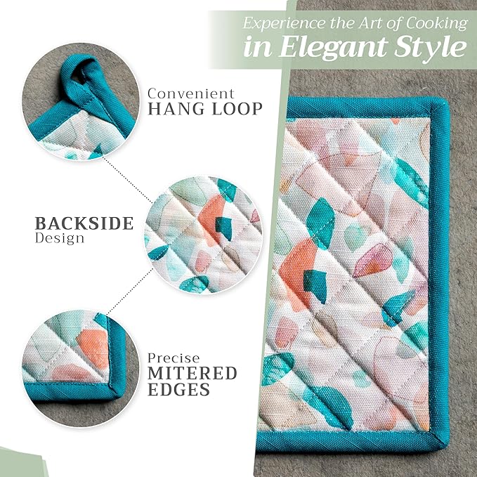 Maison d' Hermine Pot Holders 100% Cotton Heat Resistant Potholders 8" x 8" Hot Pads with Loop BBQ Cooking Baking Gifts for Mothers Day Handling Hot Pans Spring/Summer (Pack of 2, Summer Picnic)