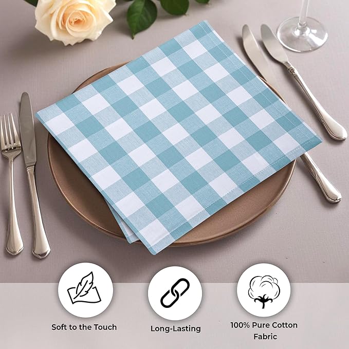 Urban Villa Cotton Dinner Napkins Set of 6, Highly Absorbent 20x20 Inches Premium Cloth Napkins Hotel Quality Reusable & Washable Table Dinner Napkins for Home & Weddings - Aqua/White, Checks