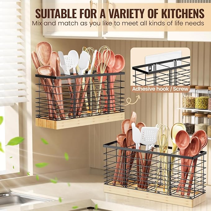 Yirilan Large Kitchen Utensil Holder, Cooking Utensil Holder for Counter, Cooking Holder for Spatula with Wooden Base, Kitchen Countertop, Farmhouse Cooking Utensil Storage (4 Compartments)