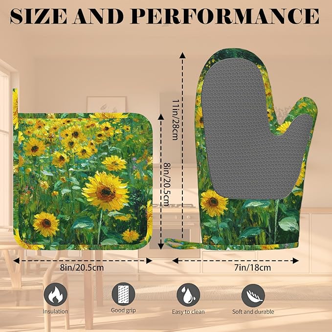 Vintage Sunflower Oven Mitts and Pot Holders Sets Flower Oil Painting Silicone Heat Resistant Kitchen Oven Gloves Pot Holder for Cooking Baking Grilling BBQ