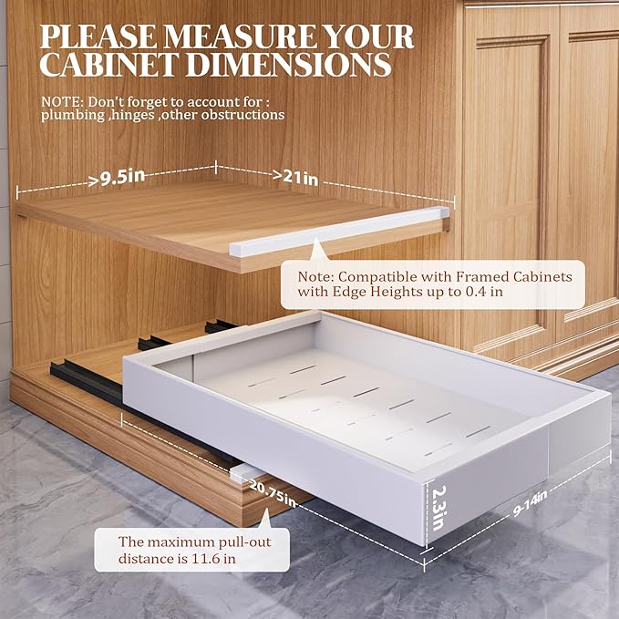 Seinloes 4 Pack Expandable Pull Out Cabinet Organizer 21" Deep With Raising Pad for Framed Cabinets,Upgrade 3 Slide Rails Slide Out Drawers,No Drill Roll Out Shelves,Adjustable Width 9"-14" White