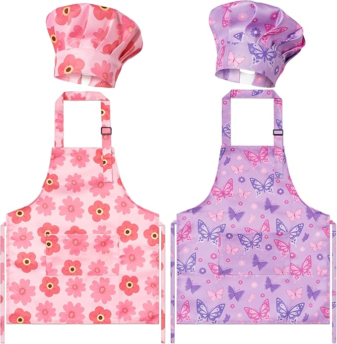GROBRO7 4Pcs Pink Theme Kids Apron and Chef Hat Set Gift for Girls, Floral Butterfly Adjustable Kitchen Beginner Toddler Aprons with 2 Pockets Waterproof Smocks for Baking Cooking Painting Training