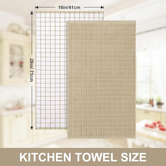 Homaxy Premium Cotton Kitchen Towels 16"x 28", Large Natural Ring Spun 390 GSM Dish Towels, Super Absorbent Terry Kitchen Hand Towels, Soft Tea Towels with Hanging Loop, Tan Check Design, 8 Pack