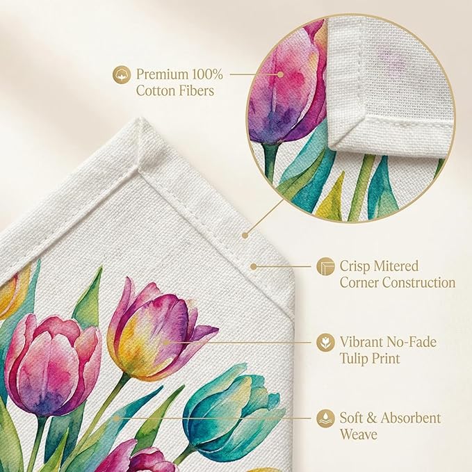 Urban Villa Collection Kitchen Towels Tulip Flowers Multi Color Premium Quality,100% Cotton Dish Towels, Mitered Corners,(Size: 20X30 Inch), Highly Absorbent Bar &Tea Towels - (Set of 6)