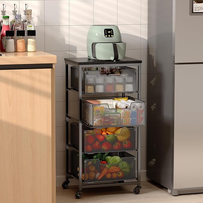4-Tier Fruit Vegetable Storage Cart - Kitchen Organizer and Storage Cart with Wheels, Wooden Top Metal Wire Fruit Vegetable Rack Stand with Drawers to Storage Cans Snacks for Kitchen(Patent Pending)
