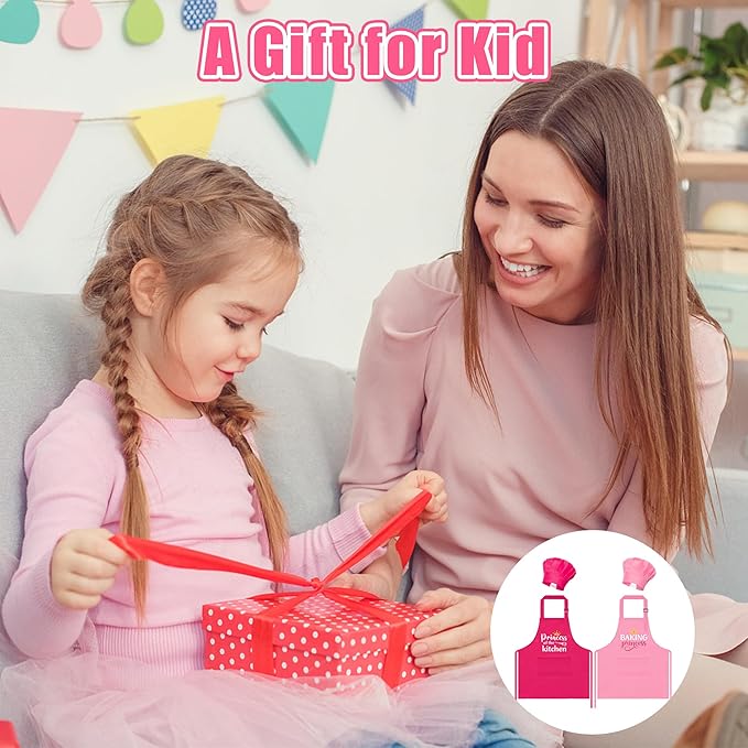 GROBRO7 4Pcs Kids Apron and Chef Hat Set Gift for Girls, Princess Kitchen Baking Princess Pattern Adjustable Kitchen Aprons with 2 Pockets Waterproof Smocks Hats for Baking Cooking Painting Training