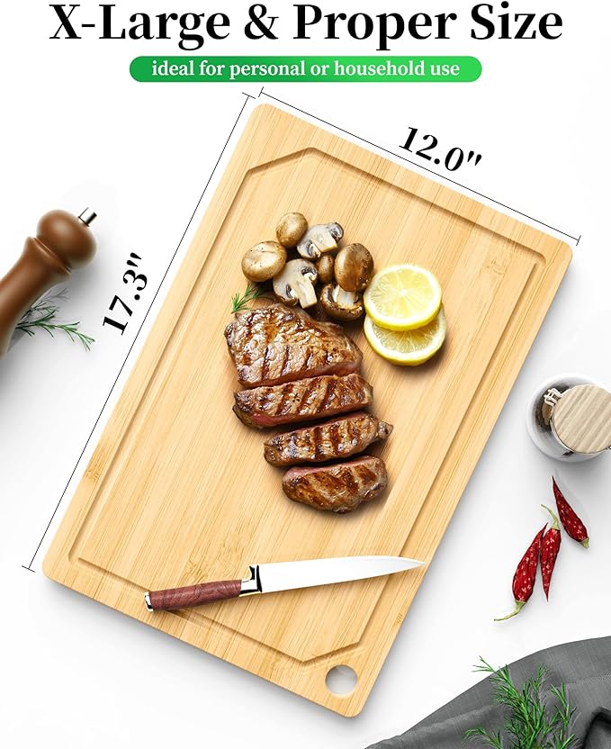 Kitsure Bamboo Cutting Board - Multi-Sizes Wooden Cutting Boards for Kitchen, Convenient Kitchen Essentials with Deep Juice Grooves, Cutting Board for Chopping & Serving, X-Large, Natural