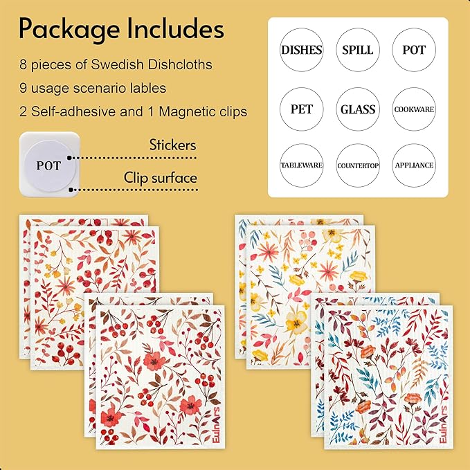 Eulnars Swedish Dishcloths for Kitchen, 8 Pack Watercolor Reusable Paper Towels with Clips, Non-Scratch Swedish Kitchen Towels, Super Absorbent Cellulose Sponge Cloths, Dishwasher Safe, No Odor