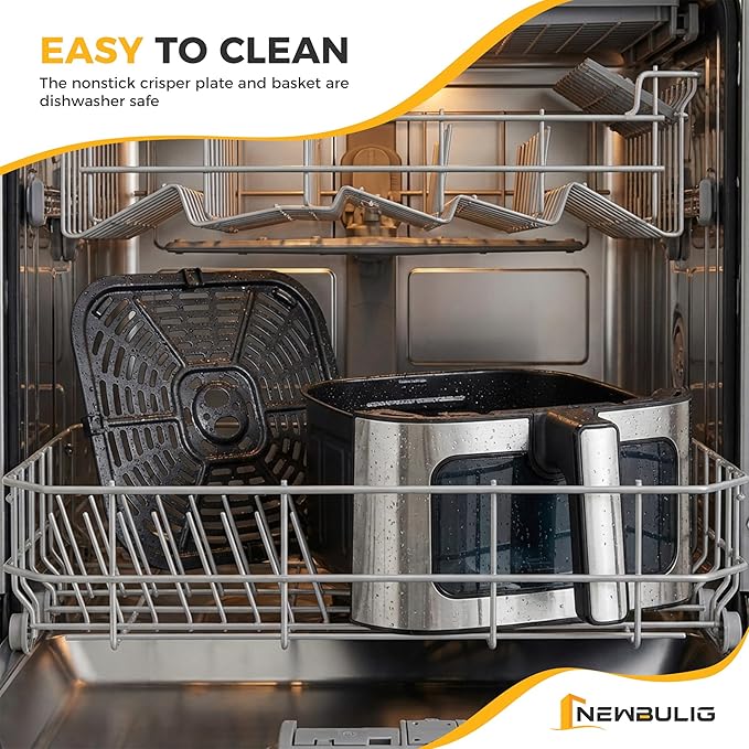 NEWBULIG Air Fryer 6.34QT, Airfryer with Visible Window, 400℉ Fast Heating Air Fryers Oven with Nonstick and Dishwasher-Safe Basket, 8-in-1 Cooking Preset, Timer，Auto-Off, Stainless Steel, Black