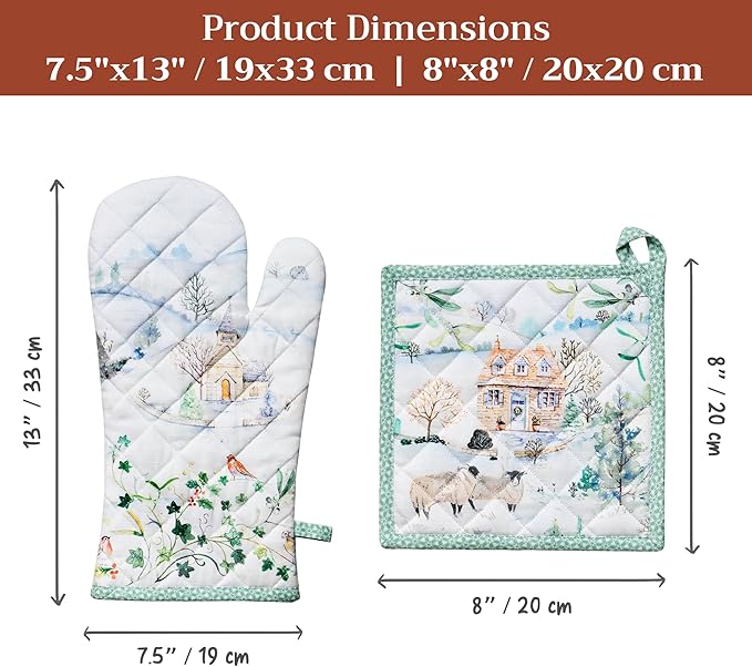 Maison d' Hermine 100% Cotton Oven Mitt & Pot Holder Set (7.5"x13" & 8"x8") Heat Resistant BBQ Cooking Gloves with Loop for Thanksgiving Christmas Decorations Handling Hot Pans (Snowy World)
