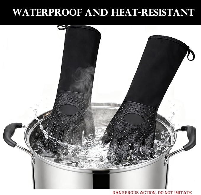 Extra Long Silicone Oven Mitts (20 Inch), Upgraded Heat Resistant 600°F Baking Gloves with Quilted Liner, Forearm Protection Oven Gloves for Pot Holders, Baking, BBQ (Black, 1 Pair)