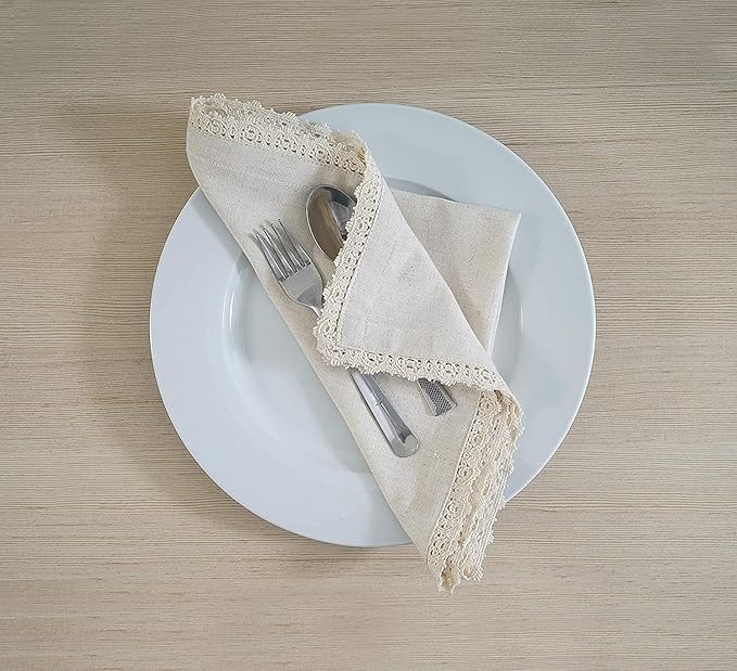 Fingercraft Dinner Napkins Cloth Cotton Blend 12 Pack Premium Quality Mitered Corners Small Table Napkins with Classic Ivory Lace 12 inch Size for Every Day Use in Home and Restaurant Ivory
