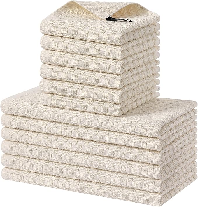 Homaxy 100% Cotton Kitchen Towels and Dishcloths Set, 12 x 12 & 15 x 25 Inches, Set of 12 Bulk Terry Cloth Dish Towels, Super Soft and Absorbent Hand Towel with Hanging Loop, Beige