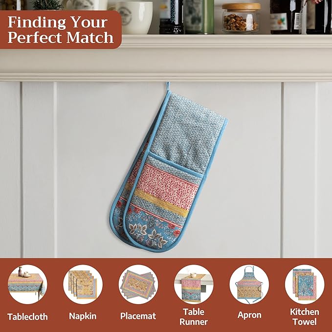 Maison d' Hermine Double Oven Mitts 100% Cotton 7"x35" Double Oven Mitt Heat Resistant BBQ Cooking Gloves with Loop Baking Grilling Gifts for Mothers Day Spring Summer (Marquise)