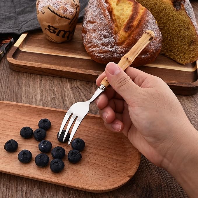 8 PCS Small Fork, 6.3 Inches Stainless Steel Dessert Forks with Bamboo Handle, Kitchen Flatware Cutlery Set, Use for Tasting Cakes Fruits and Appetizer, Mirror Polished