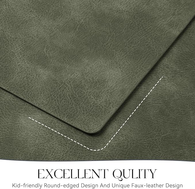 MOSAYT Vinyl Placemats Set of 6-12 X 17 Inch - Faux Leather 100% Waterproof Oil-Proof Wipeable PU Place Mats, Heat Resistant Reversible Table Mats for Kitchen, Dining, Outdoor (Olive Green)