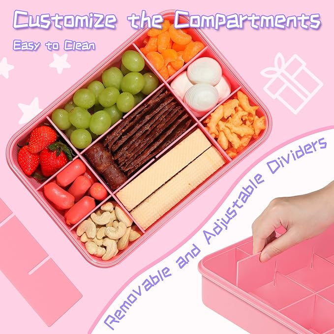 Xyptorix Snack Box Container for Kids - Adjustable 12-Compartment Snack Containers, Reusable Bento Box, Dishwasher Safe, BPA-Free, Perfect for School, Travel, Camping & Picnic, Pink