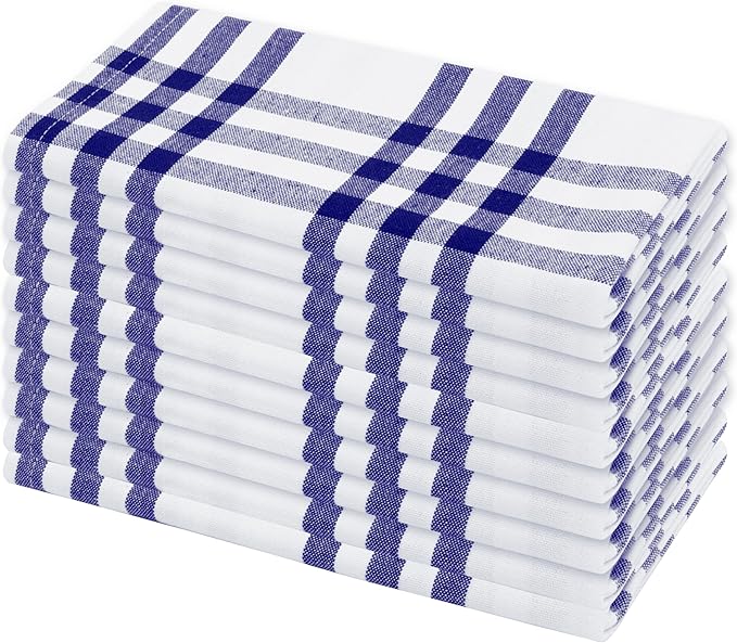PurpleEssences Homestead Plaid Cloth Napkins - Mitered Corners - Spring Easter Summer - Check Dinner Napkin - Set of 12-100% Cotton - 18x18 Inch - Reusable Washable - Blue and White