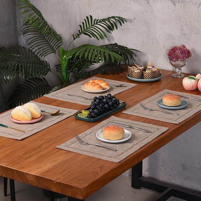 Tosewever Set of 6 Decorative Linen Placemats 12 x 18 Inches, Farmhouse Style Table Mats for Everyday Dining Wedding Party Holiday Home Decor (6 Pieces 12 x 18”, Light Coffee/Straight)