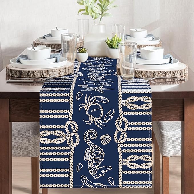Navy Blue Nautical Dining Table Runner, Coastal Beach Ropes Starfish Crab Seahorse Conch Shell Burlap Kitchen Decoration, Ocean Marine Life Indoor Outdoor Home Decor Party Supply 13 x 108 Inches