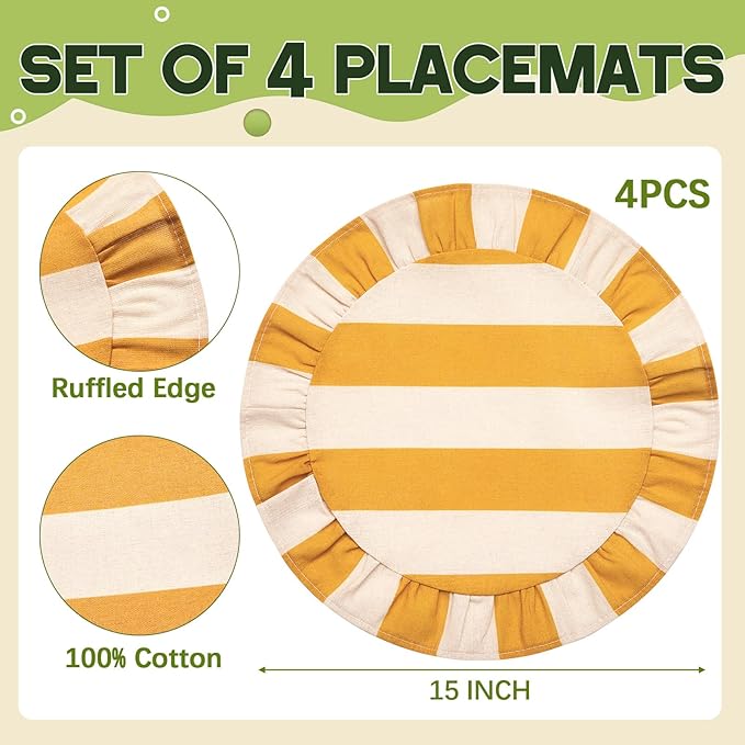 4 Pcs 15 Inch 100% Cotton Scalloped Round Placemats, Thin Yellow & White Stripes Place Mats with Ruffle, Washable Placemats Table Mats for Kitchen Dining Holiday Gatherings Decor