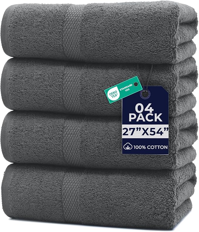 DAN RIVER Bath Towels Set of 4, 27 x 54 Inches, 100% Cotton, Larger & Lighter Weight, Quicker to Dry, Super Soft and Absorbent, Ideal Gray Bath Towels for Daily Use