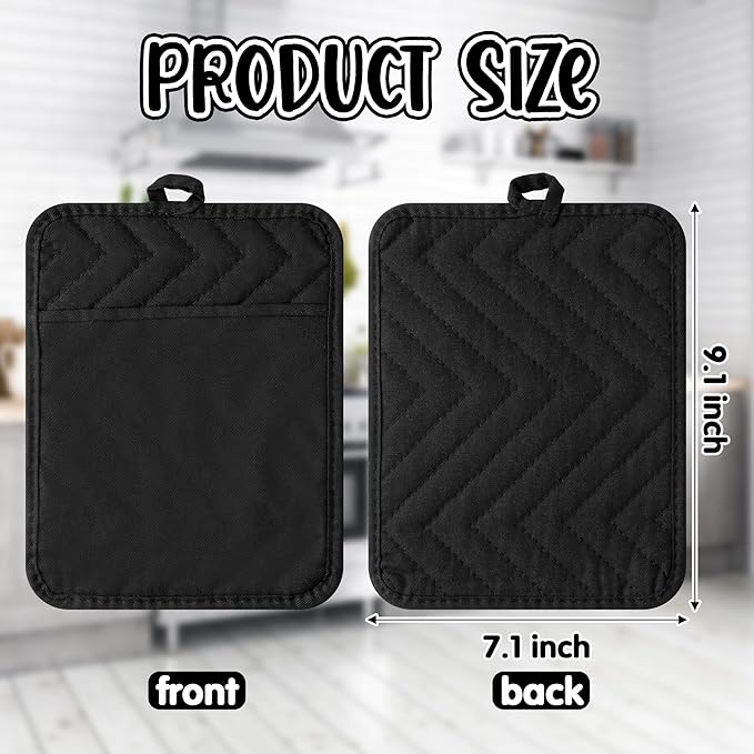 R HORSE 6Pcs Pot Holder with Pocket Black Check Pocket Pot Holder Set Cotton Plaid Kitchen Heat Resistant Potholder Non-Slip Potholder Oven Mitts Hot Pads Terry Cloth Pot Holders for Cooking Baking