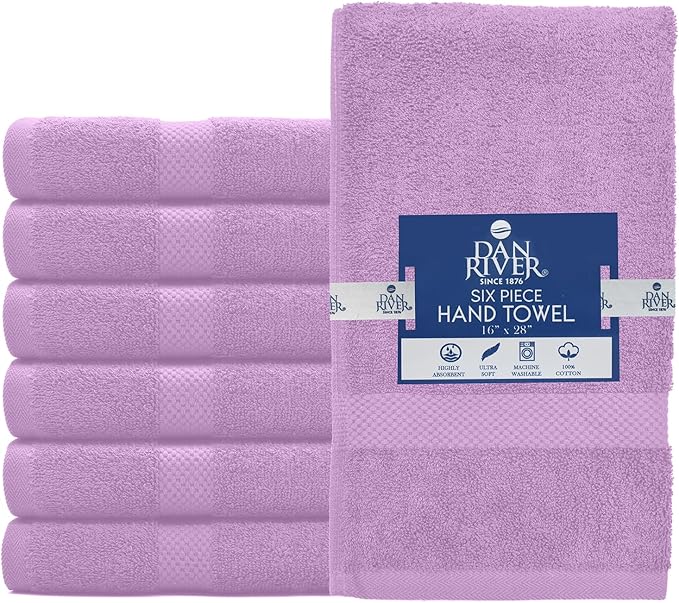 DAN RIVER 6-Pack Premium Hand Towels (16x28 Inches) - 100% Cotton, Ultra Soft, Lightweight, Highly Absorbent Towels for Bathroom, Spa, Gym, Salon, Hotel, and Travel - Lavender