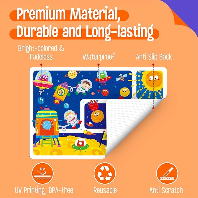 6 Pack Placemats for Kids, Non-Slip Washable, Reusable Animals, Alphabet, Dinosaur, Universe, Ocean Themed Educational Placemats for Home, Kindergarten, Classroom, Nursery