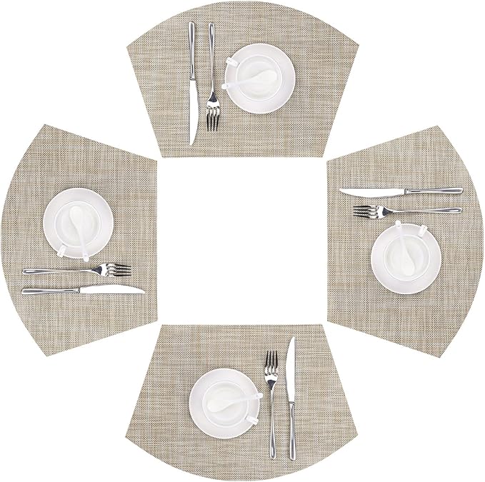 SHACOS Wedge Placemats Set of 4 for Small Round Table Woven Vinyl Curved Placemats Wipe Clean Circle Table Mats Indoor Outdoor, Beige