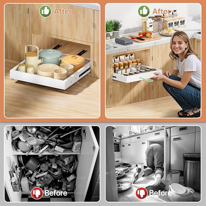 1 Pack Pull out Cabinet Organizer, Width (12"-19") Depth (17"-23"), with 3 Rails Adjustable Slide, Expandable Pullout Drawers for Cabinets, No Drill Adhesive Kitchen Drawers for Pantry Shelves