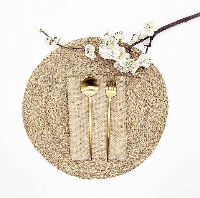 Woven Placemats for Dining Table Set of 4, 100% Natural Straw, Rustic Round Placemats Farmhouse Table Mats Rattan Wicker Placemats Hand Braided Place Mats for Indoor Outdoor, 14.17“